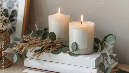 Candles on Stacked Books With Greenery on a Table in a Bright Room