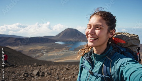 Smiling Woman With Backpack at Mountain Top During Daylight Near Volcano