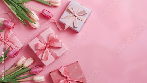 Gift Boxes and Flowers on Pink Background for Special Occasions and Events