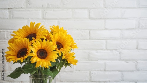Sunflowers in a Jar on a Table Against a White Brick Wall in a Bright Indoor ...