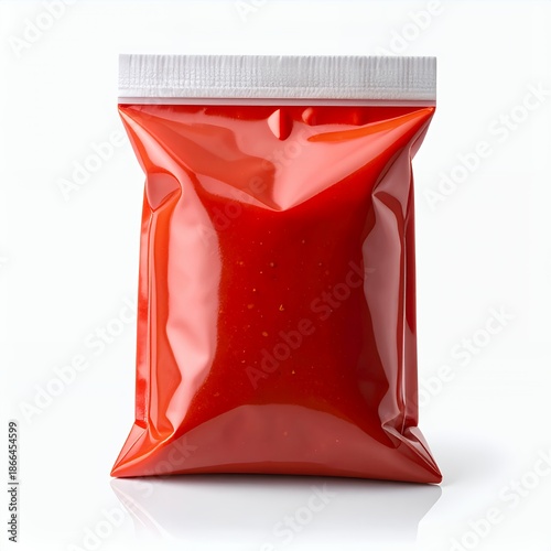 Vibrant red liquid sealed inside a transparent plastic bag presented on a white surface