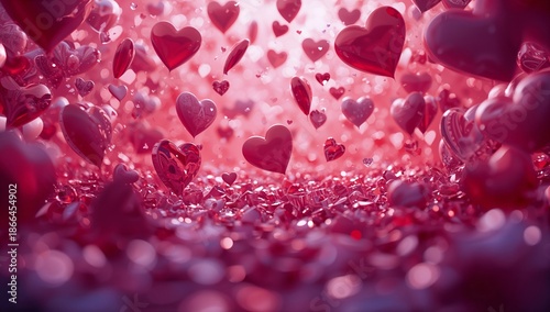 Red Hearts Float in a Bright Background During a Festive Celebration or Decor...