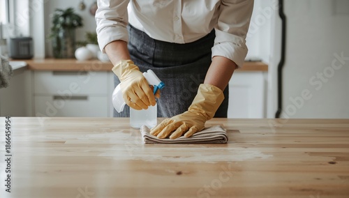 Cleaning Countertop With Spray Bottle and Cloth in Kitchen During Daytime