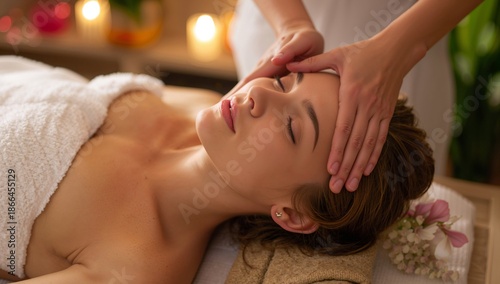 Woman Receives Head Massage in Wellness Center During Evening Sessions With S...