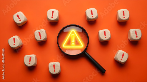 Warning Magnifying Glass Exclamation Mark Danger Orange Background