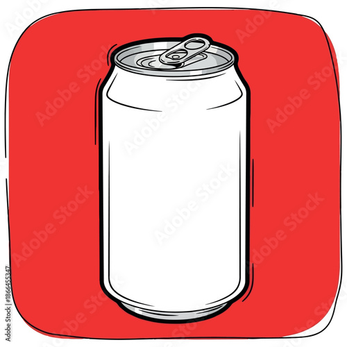 A simple sketch illustration of a silver soda can against a bright red background