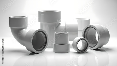 PVC Pipes Plumbing Fittings Plastic Connectors Isolated On White