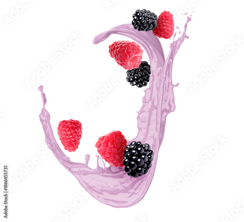 Milk shake splash and berries in air on white background © New Africa