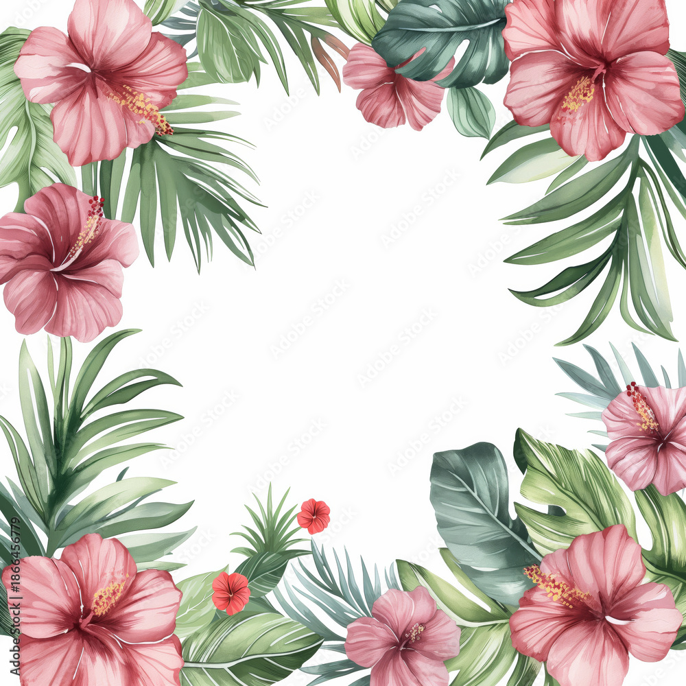 Fototapeta premium Tropical floral frame with leaves and flowers on white background. Summer design concept.