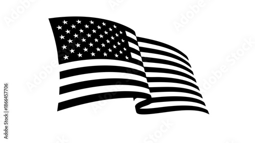 A stylized monochrome representation of a waving flag of the United States of America. The flag is displayed with the iconic stars and stripes pattern
