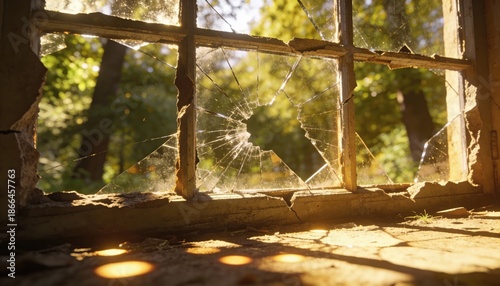 Shattered Window with Broken Glasses, Landscape and Sunset View Through the Frame, Sunlight Filtering Through - Reflective Moment