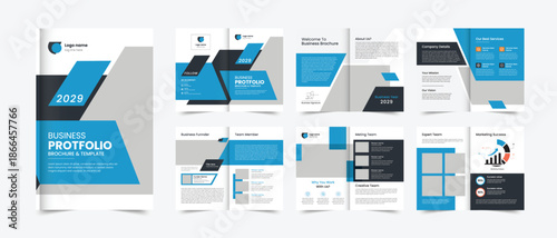 Modern Blue Corporate Business Portfolio Brochure Template Showcasing Professional Services Strategy Innovation and Team Excellence