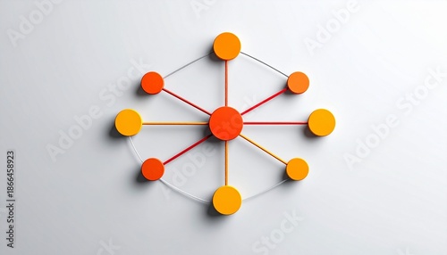 Centralized network diagram, red hub, orange-yellow nodes, symmetrical connectivity