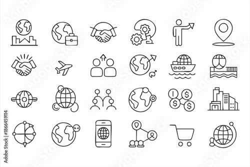 Global Business and Trade Icons for Logistics and UI Dashboards