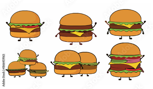 Cute cartoon burger vector collage isolated on white background for fun fast food illustrations