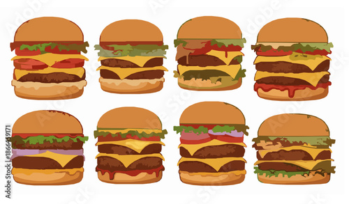 Realistic burger food vector collage isolated on white background for fast food advertising