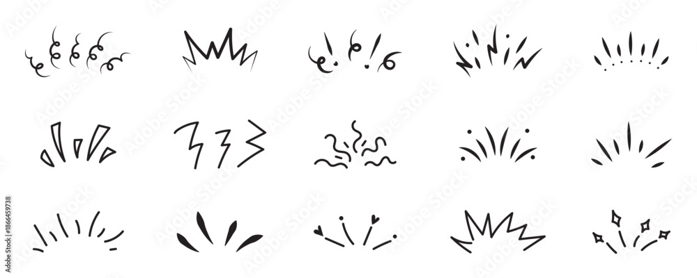 Fototapeta premium Happy manga style explosion and sparkle frame. Isolated doodle icons with curved lines, cute shine and bling look. Great for celebration, pop sticker or cheerful comic design.