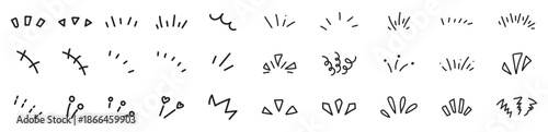 Set of hand-drawn comic style doodle elements, including motion lines, bursts, and expressive marks. Perfect for cartoons, manga, or creative design projects