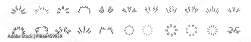 Hand drawn line art bursts with surprise rays and sparkles. Doodle hand drawn starburst icons shine bright. Surprise shapes for comic effects, manga splash, cartoon decorations. Vector illustration
