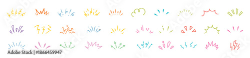 Hand drawn line art bursts with surprise rays and sparkles. Doodle hand drawn starburst icons shine bright. Surprise shapes for comic effects, manga splash, cartoon decorations. Vector illustration