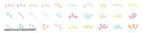 Hand drawn line art bursts with surprise rays and sparkles. Doodle hand drawn starburst icons shine bright. Surprise shapes for comic effects, manga splash, cartoon decorations. Vector illustration