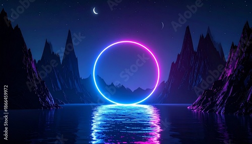 Futuristic neon ring over water in surreal night landscape