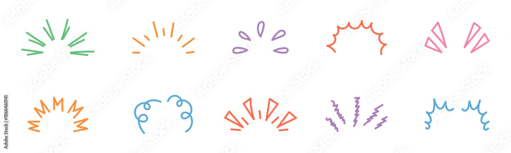 Fototapeta premium Doodle sparkle and rays set. Explosion, sunburst, surprise, firework, shine, twinkle, confetti. Trendy bursting rays design elements. Vector illustration.