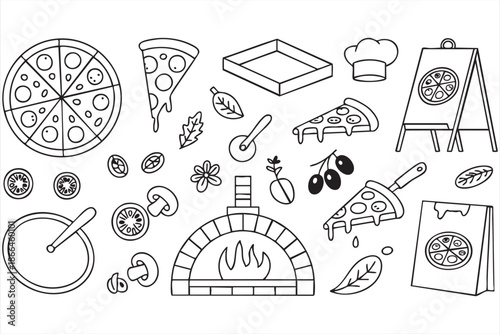 Italian Pizza Making Illustrations with Oven, Ingredients, and Slices