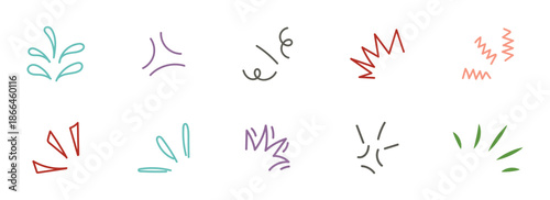 Line icon ray, confetti element set. Starburst line art with hand drawn glitter spark, pop icon shapes and surprise emphasis elements. vector set