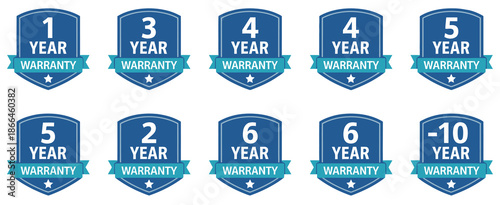 Warranty badges with shield icons and stars, featuring 1 to 10 year guarantee labels, quality assurance symbols, trusted service promise icons, long-term protection graphics