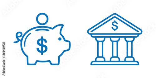 Blue line icons depicting a piggy bank and a bank building with dollar sign on for finance and savings concept