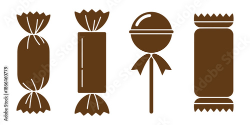 Brown chocolate candy icons wrapped and unwrapped