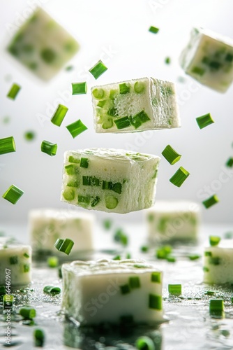 thai steamed layer cake flying with pandan scent, isolated on white background