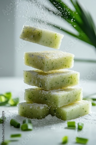 thai steamed layer cake flying with pandan scent, isolated on white background