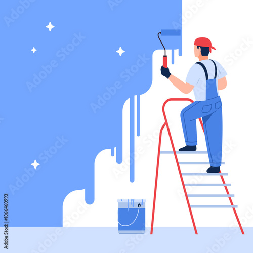 Worker paints walls. Repairman in overalls, roller and blue paint, home renovation process, painter on stepladder, interior changing, room refresh, tidy vector cartoon isolated concept