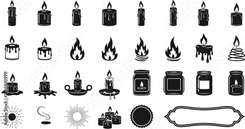 Black and white candle icons with flames and jars for decoration or design
