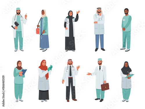 Muslim doctors. Middle eastern people medical team, islamic nurses characters with traditional headdresses, hijab or keffiyeh, consultation and health care tidy vector cartoon set