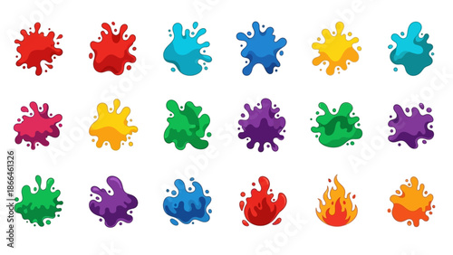 Colorful paint splatters on white.