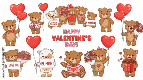 Adorable teddy bears celebrating Valentine's Day with love letters and gifts