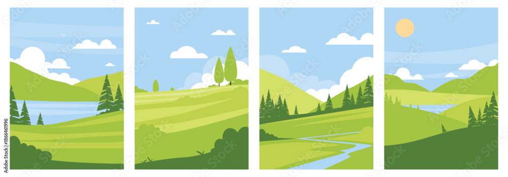 Fototapeta premium Green summer landscape cards. Flat nature backgrounds, nature scenery fields, hills, rivers and trees, agriculture countryside scene templates vertical banners, qualitative vector set
