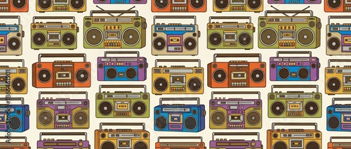 Retro Colorful Boombox Cassette Player Seamless Background Pattern