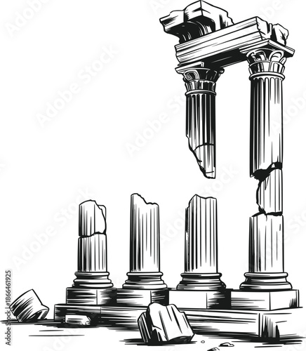 Ancient Ruined Columns Classical Architecture Illustration.
