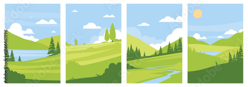 Green summer landscape cards. Flat nature backgrounds, nature scenery fields, hills, rivers and trees, agriculture countryside scene templates vertical banners, qualitative vector set
