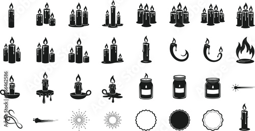 Collection of black candle and flame icons in various styles and settings