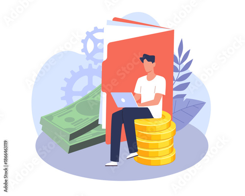 Business consultant. Guy with laptop is sitting on stack of coins and doing accounting, freelance work symbol, online earnings, business productivity, vector cartoon flat isolated concept