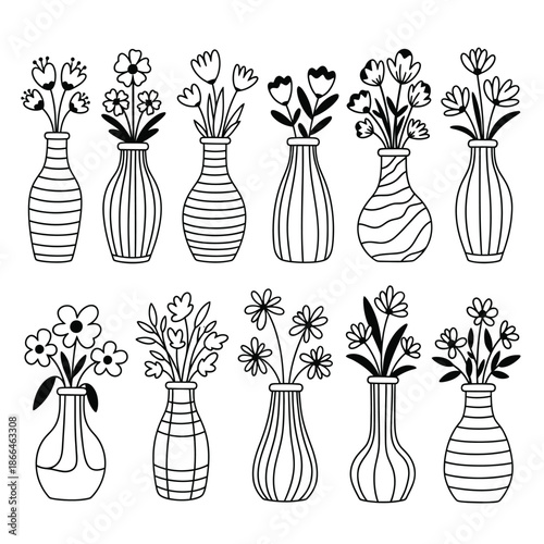 Black and white illustration of 10 vases with various flowers