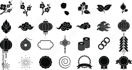 Elegant black Chinese lanterns and floral designs for cultural festivals and decorations