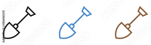 Three distinct outline shovel icons in black, blue, and brown for digging and gardening