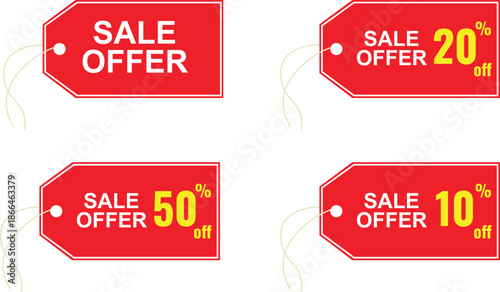 Sale Offer Price Tag Vector Set, Modern Discount Labels with 10, 20 and 50 Percent Off, Red Promotional Stickers for Marketing Campaigns