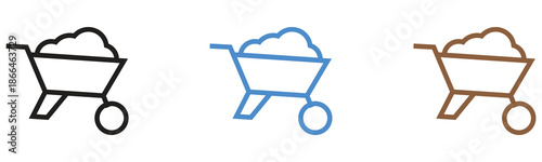 Set of three outline icons depicting a wheelbarrow filled with material in various colors
